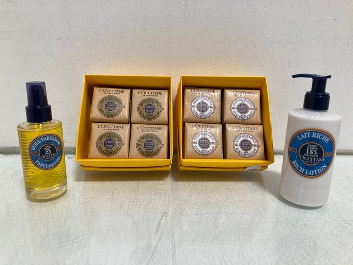 Lot 813  
            Marchington SR14 - Parcel Delivery Only 

                
4 X ASSORTED L'OCCITANE BEAUTY PRODUCTS TO INCLUDE 100ML 5& SHEA OIL FABULOUS BOD...