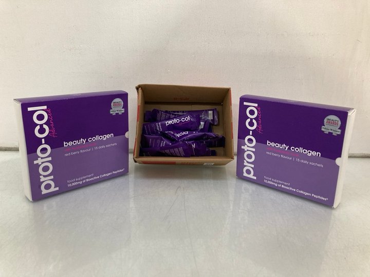 Lot 831  
            Marchington SR14 - Parcel Delivery Only 

                
QTY OF PROTO-COL ADVANCED BEAUTY COLLAGEN FOOD SUPPLEMENT SACHETS - FLAVOUR: RED ...