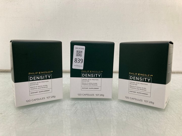 Lot 839  
            Marchington SR14 - Parcel Delivery Only 

                
3 X PHILIP KINGSLEY 120 CAPSULES DENSITY AMINO ACID PROTEIN BOOSTER DIETARY SUPPL...