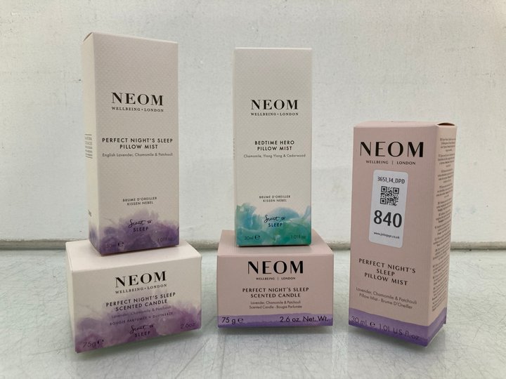 Lot 840  
            Marchington SR14 - Parcel Delivery Only 

                
5 X ASSORTED NEOM PRODUCTS TO INCLUDE PERFECT NIGHTS SLEEP 30ML PILLOW MIST: LOCA...