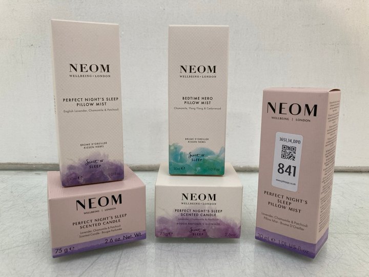 Lot 841  
            Marchington SR14 - Parcel Delivery Only 

                
5 X ASSORTED NEOM PRODUCTS TO INCLUDE PERFECT NIGHTS SLEEP 30ML PILLOW MIST: LOCA...