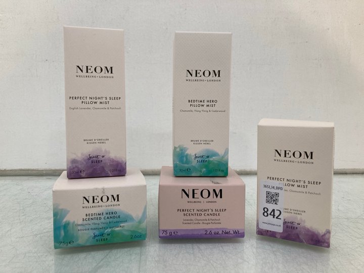 Lot 842  
            Marchington SR14 - Parcel Delivery Only 

                
5 X ASSORTED NEOM PRODUCTS TO INCLUDE BEDTIME HERO 75G SCENTED CANDLE: LOCATION - B1
