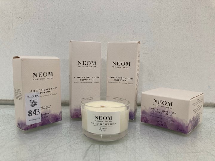 Lot 843  
            Marchington SR14 - Parcel Delivery Only 

                
5 X ASSORTED NEOM PRODUCTS TO INCLUDE PERFECT NIGHTS SLEEP 75G SCENTED CANDLE: LO...