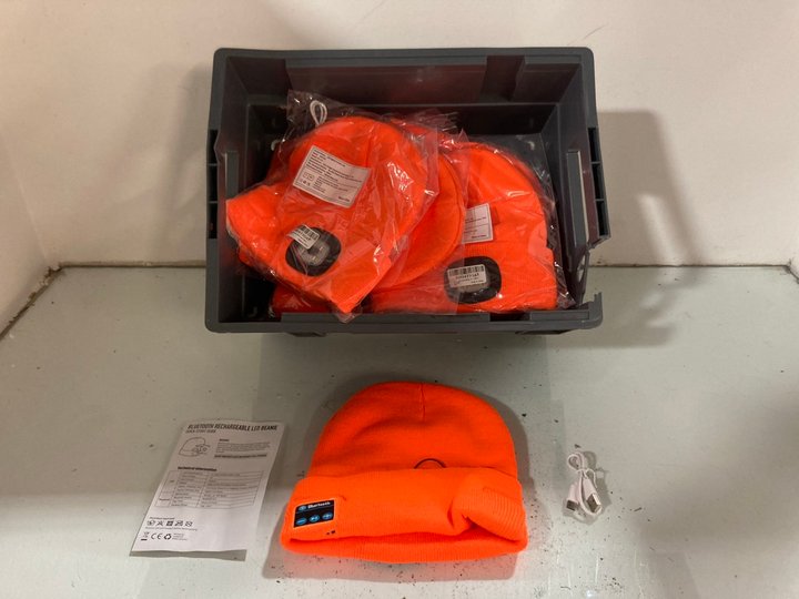 Lot 875  
            Marchington SR14 - Parcel Delivery Only 

                
QTY OF BLUETOOTH RECHARGEABLE LED BEANIES IN ORANGE: LOCATION - C1