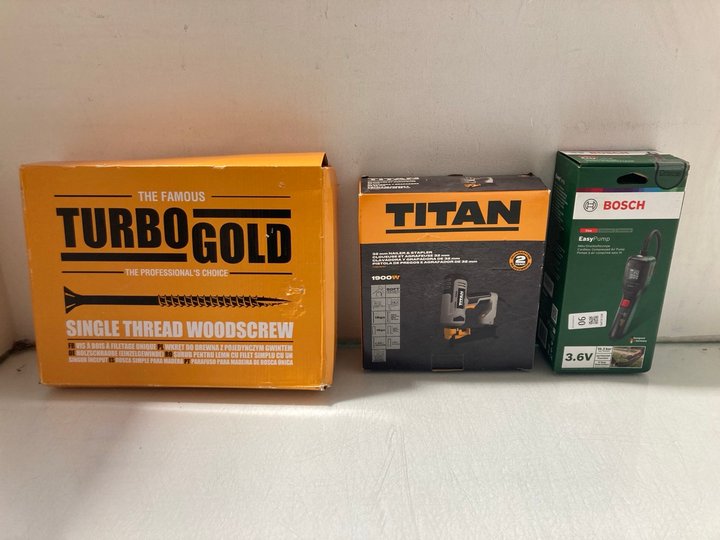 Lot 90  
            Marchington SR14 - Parcel Delivery Only 

                
3 X ASSORTED HARDWARE ITEMS TO INCLUDE BOSCH 3.6V CORDLESS COMPRESSED AIR PUMP: L...