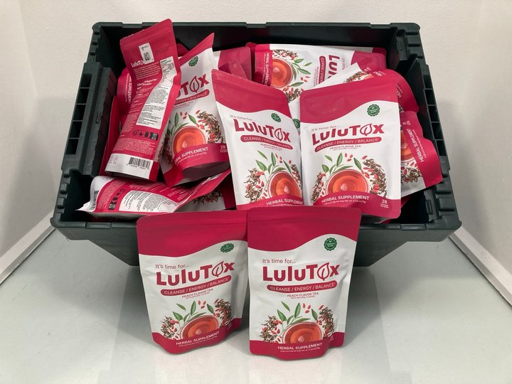 Lot 970  
            Marchington SR14 - Parcel Delivery Only 

                
QTY OF LULUTOX CLEANSE/ENERGY/BALANCE PEACH FLAVOUR TEA HERBAL SUPPLEMENT - BBE: ...