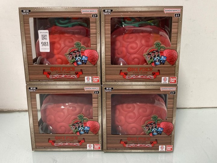 Lot 981  
            Marchington SR14 - Parcel Delivery Only 

                
4 X ONE PIECE CARD GAME DEVIL FRUITS COLLECTION VOL. 3 - COMBINED ORIGINAL RRP £1...