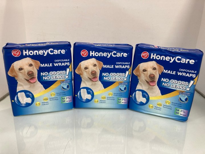 Lot 990  
            Marchington SR14 - Parcel Delivery Only 

                
3 X PACKS OF 50 HONEYCARE DISPOSABLE MALE WRAPS - MEDIUM: LOCATION - C9