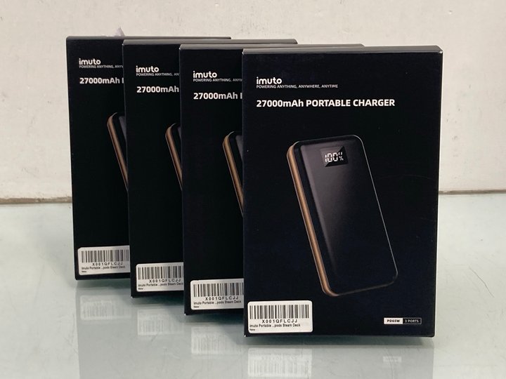 Lot 991  
            Marchington SR14 - Parcel Delivery Only 

                
4 X IMUTO 27000MAH PORTABLE CHARGERS - COMBINED ORIGINAL RRP £199.96: LOCATION - C9