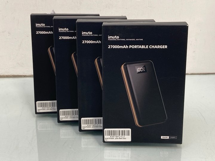 Lot 994  
            Marchington SR14 - Parcel Delivery Only 

                
4 X IMUTO 27000MAH PORTABLE CHARGERS - COMBINED ORIGINAL RRP £199.96: LOCATION - C9