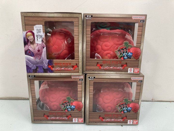 Lot 998  
            Marchington SR14 - Parcel Delivery Only 

                
4 X ONE PIECE CARD GAME DEVIL FRUITS COLLECTION VOL. 3 - COMBINED ORIGINAL RRP £1...