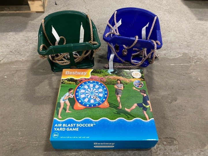 Lot 114  
            Marchington SR15 - Delivery or Collection 

                
2 X OUTDOOR TOYS CHILDRENS PLASTIC SWING SEATS IN GREEN/BLUE TO ALSO INCLUDE BEST...