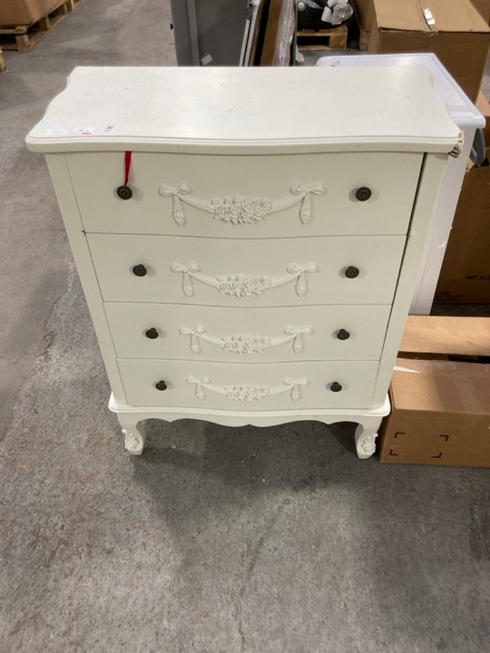 Lot 117  
            Marchington SR15 - Delivery or Collection 

                
DECORATIVE 4 DRAWER CHEST OF DRAWERS IN WHITE: LOCATION - B3