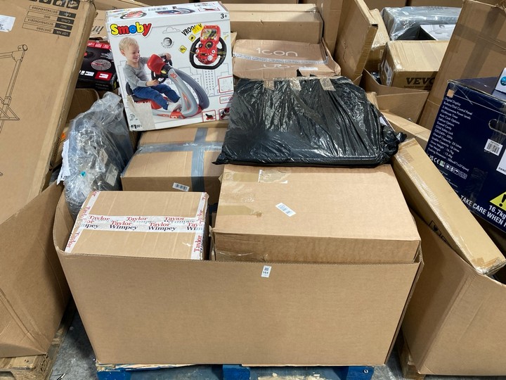 Lot 144  
            Marchington SR15 - Delivery or Collection 

                
PALLET OF ASSORTED ITEMS TO INCLUDE SMOBY V8 DRIVER: LOCATION - B5 (KERBSIDE PALL...
