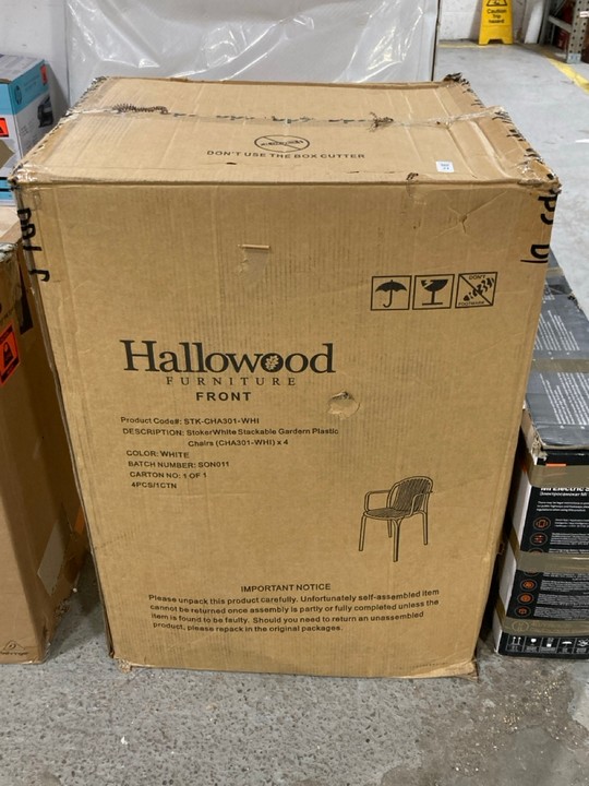 Lot 21  
            Marchington SR15 - Delivery or Collection 

                
HALLOWOOD FURNITURE SET OF 4 STOKER WHITE STACKABLE GARDEN PLASTIC CHAIRS ORIGINA...