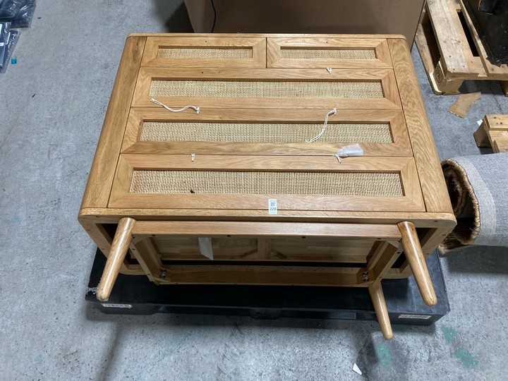 Lot 220  
            Marchington SR15 - Delivery or Collection 

                
PUTERI SOLID TEAK SIDEBOARD WITH NATURAL RATTAN: LOCATION - A3