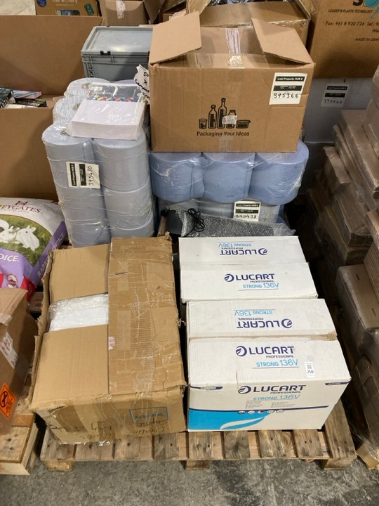 Lot 250  
            Marchington SR15 - Delivery or Collection 

                
PALLET OF ASSORTED ITEMS TO INCLUDE LARGE BLUE TISSUE ROLLS: LOCATION - A5 (KERBS...