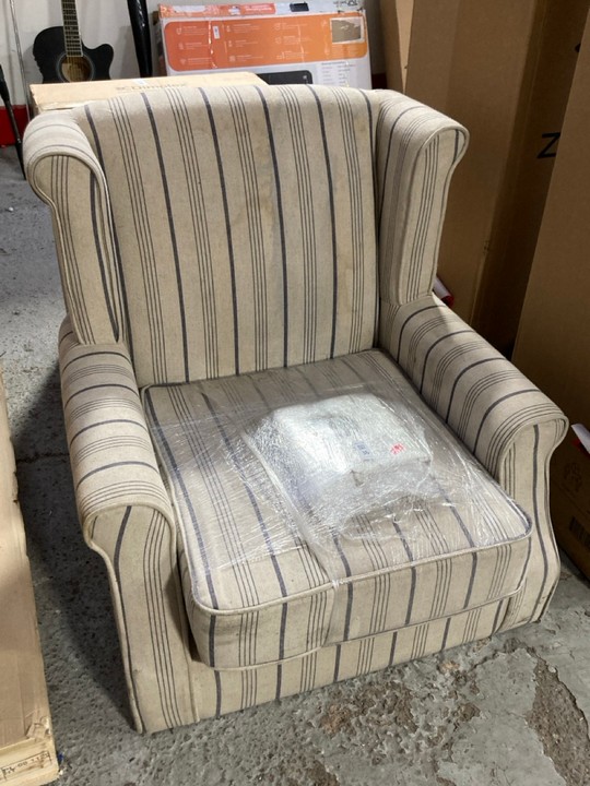 Lot 36  
            Marchington SR15 - Delivery or Collection 

                
BLUE STRIPED OFF WHITE ARMCHAIR: LOCATION - A1