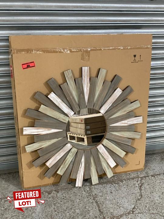 Lot 37  
            Marchington SR15 - Collection 

                
(COLLECTION ONLY) STONEBRIAR COLLECTION WOODEN SUNBURST MIRROR IN RUSTIC WOOD ORI...