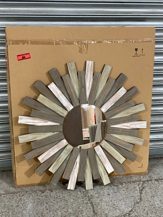 Lot 38  
            Marchington SR15 - Collection 

                
(COLLECTION ONLY) STONEBRIAR COLLECTION WOODEN SUNBURST MIRROR IN RUSTIC WOOD ORI...