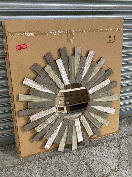 Lot 40  
            Marchington SR15 - Collection 

                
(COLLECTION ONLY) STONEBRIAR COLLECTION WOODEN SUNBURST MIRROR IN RUSTIC WOOD ORI...