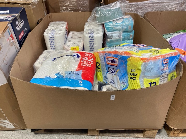 Lot 63  
            Marchington SR15 - Delivery or Collection 

                
PALLET OF ASSORTED TOILET/KITCHEN ROLLS TO INCLUDE PACK OF REGINA BLITZ KITCHEN R...