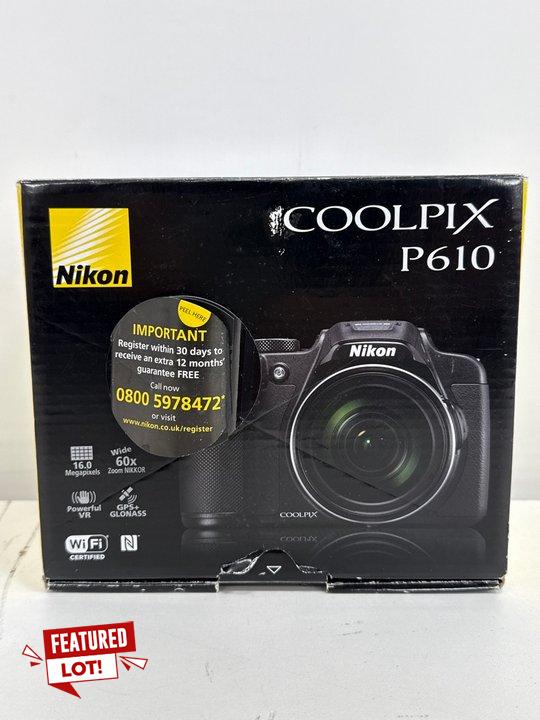 Lot 146  
            Marchington - Parcel Delivery Only 

                
NIKON COOLPIX P610 DIGITAL CAMERA IN BLACK: MODEL NO N1409 (WITH BOX & ACCESSORIE...