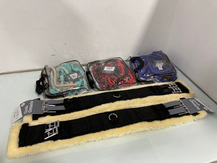 Lot 1014  
            Marchington SR12 - Parcel Delivery Only 

                
QTY OF ASSORTED HORSE ITEMS TO INCLUDE QHP LIBERTY COMBI ROPE HALTER IN RED - SIZ...