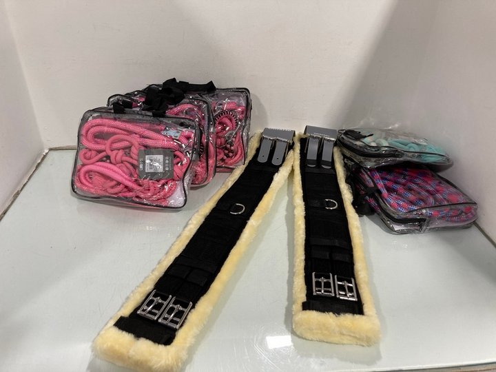 Lot 1015  
            Marchington SR12 - Parcel Delivery Only 

                
QTY OF ASSORTED HORSE ITEMS TO INCLUDE QHP LIBERTY COMBI ROPE HALTER IN FLAMINGO ...