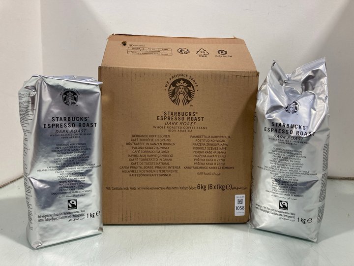 Lot 1058  
            Marchington SR12 - Parcel Delivery Only 

                
BOX OF STARBUCKS 1KG ESPRESSO ROAST COFFEE BEANS - BBE 9/26: LOCATION - E12
