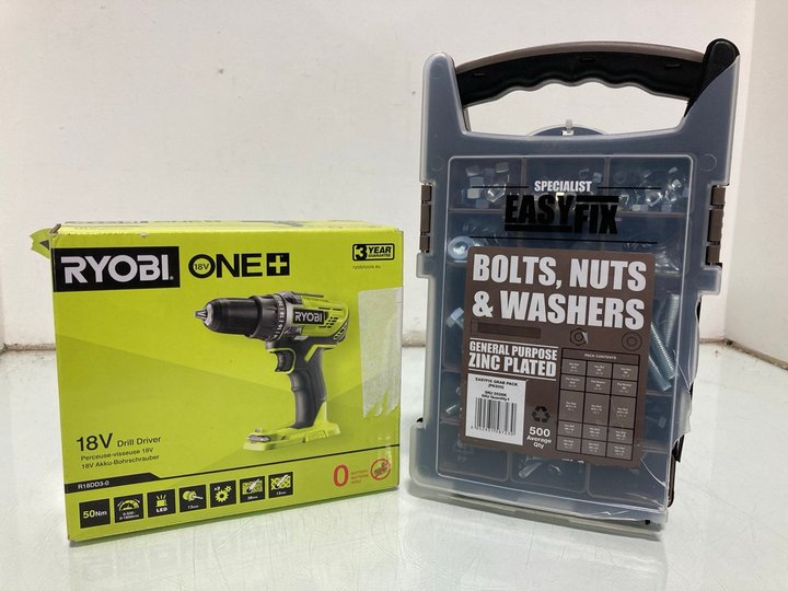 Lot 1074  
            Marchington SR12 - Parcel Delivery Only 

                
RYOBI ONE+ 18V DRILL DRIVER MODEL: R18DD3-0 TO INCLUDE SPECIALIST EASYFIX BOLTS, ...