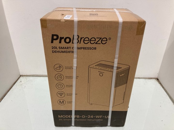 Lot 1087  
            Marchington SR12 - Parcel Delivery Only 

                
PRO BREEZE 20 LITRE SMART COMPRESSOR DEHUMIDIFIER: LOCATION - E11