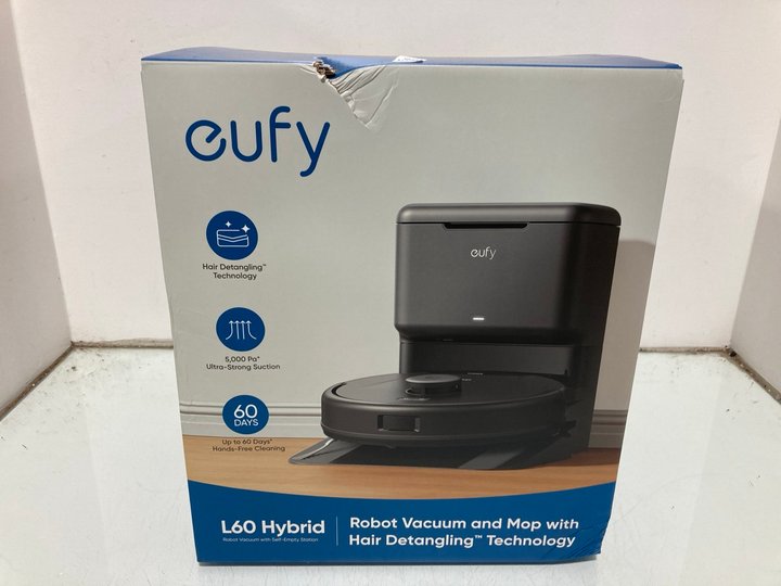 Lot 1090  
            Marchington SR12 - Parcel Delivery Only 

                
EUFY L60 HYBRID ROBOT VACUUM AND MOP WITH HAIR DETANGLING TECHNOLOGY IN BLACK - O...