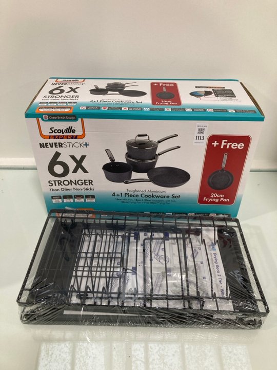 Lot 1113  
            Marchington SR12 - Parcel Delivery Only 

                
SCOVILLE EXPERT SAUCEPAN SET TO INCLUDE 2 TIER BLACK DRYING RACK: LOCATION - E9