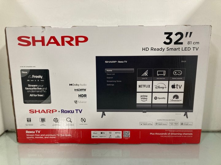 Lot 1133  
            Marchington SR12 - Parcel Delivery Only 

                
SHARP ROKU TV 32" HD READY SMART TELEVISION MODEL: 32HD2725K - ORIGINAL RRP: £169...