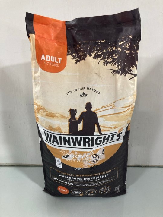 Lot 1134  
            Marchington SR12 - Parcel Delivery Only 

                
WAINWRIGHTS ADULT DOG FOOD IN TURKEY AND RICE 15KG - BB: 10/26: LOCATION - E8