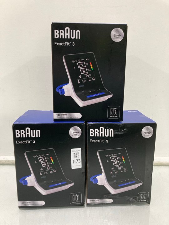 Lot 1173  
            Marchington SR12 - Parcel Delivery Only 

                
3 X BRAUN EXACTFIT 3 UPPER ARM BLOOD PRESSURE MONITOR: LOCATION - E6