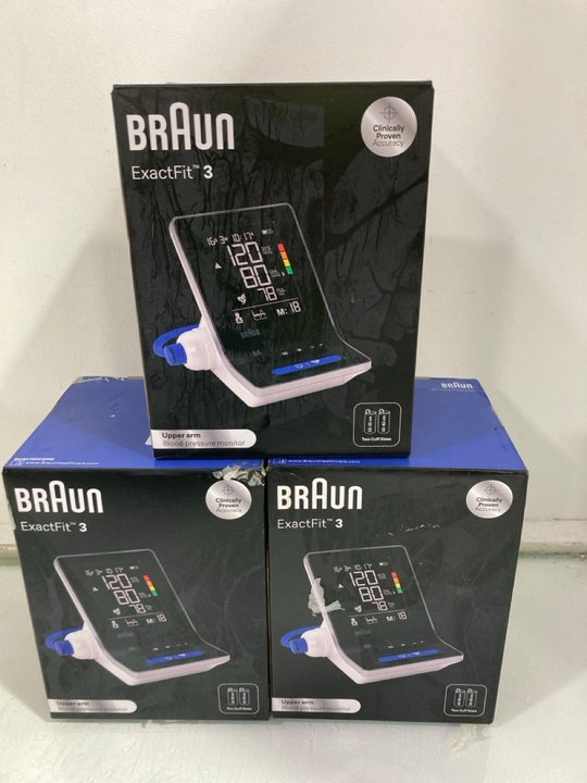 Lot 1204  
            Marchington SR12 - Parcel Delivery Only 

                
3 X BRAUN EXACTFIT 3 UPPER ARM BLOOD PRESSURE MONITOR: LOCATION - E5