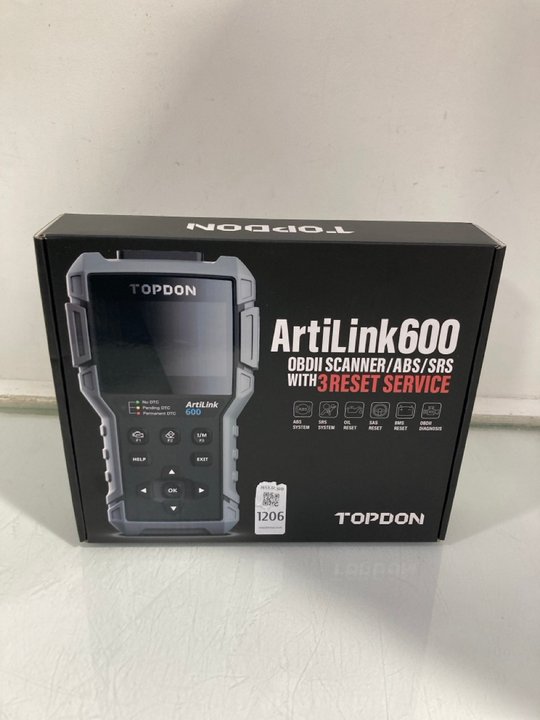Lot 1206  
            Marchington SR12 - Parcel Delivery Only 

                
TOPDON ARTILINK 600 OBDII SCANNER/ABS/SRS WITH 3 RESET SERVICE - ORIGINAL RRP: £1...
