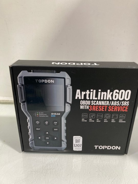 Lot 1207  
            Marchington SR12 - Parcel Delivery Only 

                
TOPDON ARTILINK 600 OBDII SCANNER/ABS/SRS WITH 3 RESET SERVICE - ORIGINAL RRP: £1...