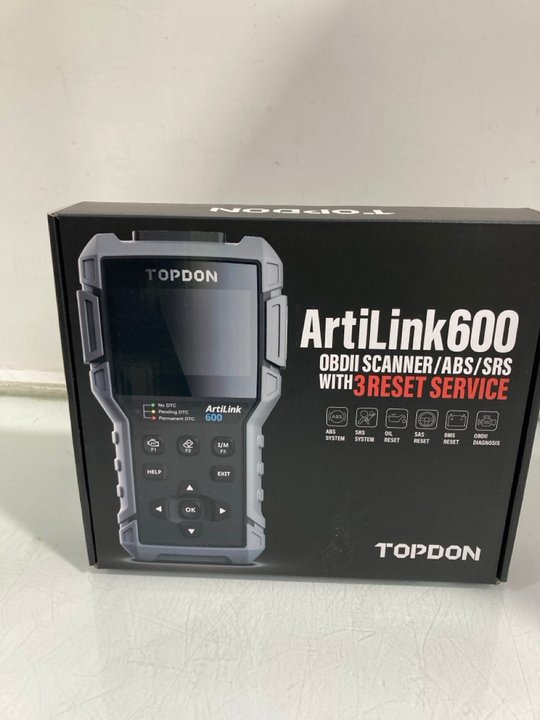 Lot 1208  
            Marchington SR12 - Parcel Delivery Only 

                
TOPDON ARTILINK 600 OBDII SCANNER/ABS/SRS WITH 3 RESET SERVICE - ORIGINAL RRP: £1...