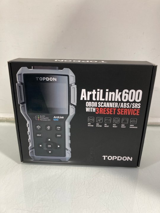 Lot 1210  
            Marchington SR12 - Parcel Delivery Only 

                
TOPDON ARTILINK 600 OBDII SCANNER/ABS/SRS WITH 3 RESET SERVICE - ORIGINAL RRP: £1...