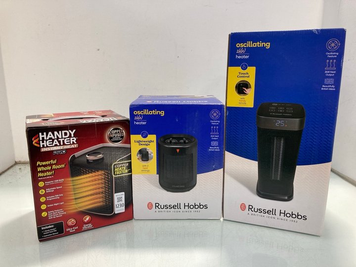 Lot 1230  
            Marchington SR12 - Parcel Delivery Only 

                
2 X RUSSELL HOBBS OSCILLATING 2KW HEATERS TO ALSO INCLUDE HANDY HEATER INSTANT HE...