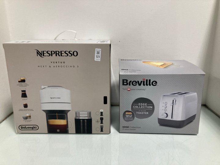 Lot 123  
            Marchington SR12 - Parcel Delivery Only 

                
NESPRESSO VERTUO NEXT & AEROCCINO 3 TO INCLUDE BREVILLE TOASTER: LOCATION - J4