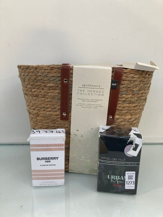 Lot 1273  
            Marchington SR12 - Parcel Delivery Only 

                
3 X ASSORTED BEAUTY ITEMS TO INCLUDE BURBERRY HER 100ML ELIXIR DE PARFUM: LOCATIO...