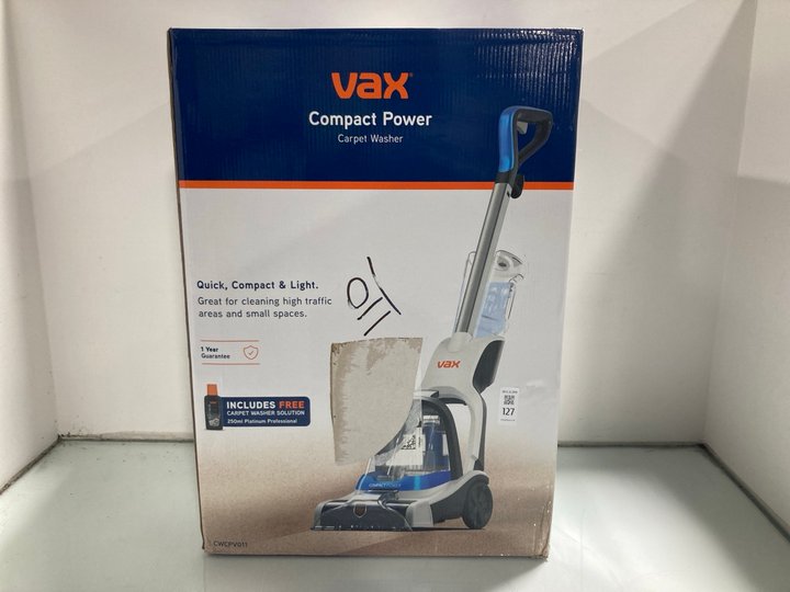 Lot 127  
            Marchington SR12 - Parcel Delivery Only 

                
VAX COMPACT POWER CARPET WASHER MODEL: CWCP V011 ORIGINAL RRP£99.99: LOCATION - J5