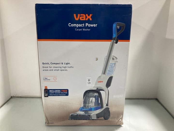 Lot 128  
            Marchington SR12 - Parcel Delivery Only 

                
VAX COMPACT POWER CARPET WASHER MODEL: CWCP V011 ORIGINAL RRP£99.99: LOCATION - J5