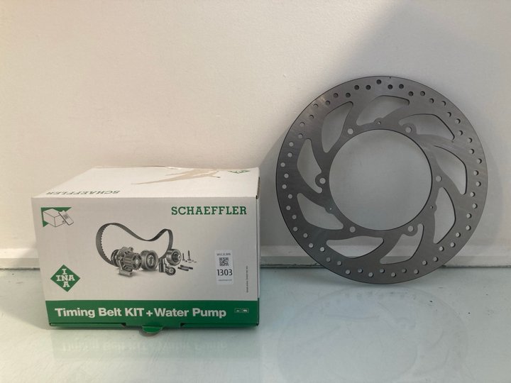 Lot 1303  
            Marchington SR12 - Parcel Delivery Only 

                
SCHAEFFLER TIMING BELT + WATER PUMP TO INCLUDE KTM DISC BRAKE: LOCATION - E1