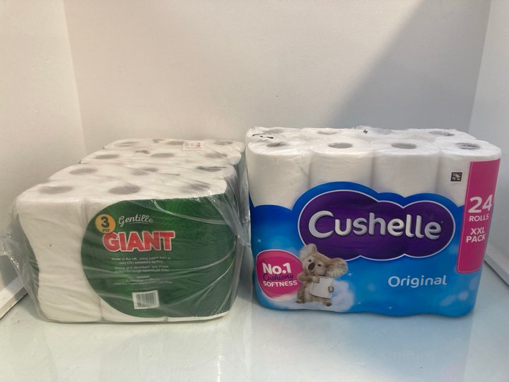 Lot 1332  
            Marchington SR12 - Parcel Delivery Only 

                
PACK OF CUSHELLE ORIGINAL TOILET ROLLS TO ALSO INCLUDE PACK OF GENTILLE GIANT 3 P...
