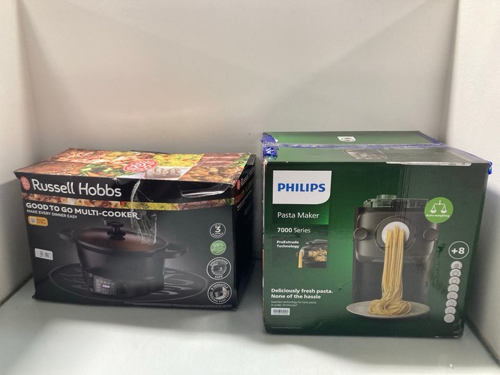Lot 145  
            Marchington SR12 - Parcel Delivery Only 

                
RUSSELL HOBBS GOOD TO GO MULTI COOKER TO INCLUDE PHILIPS PASTA MAKER 7000 SERIES:...